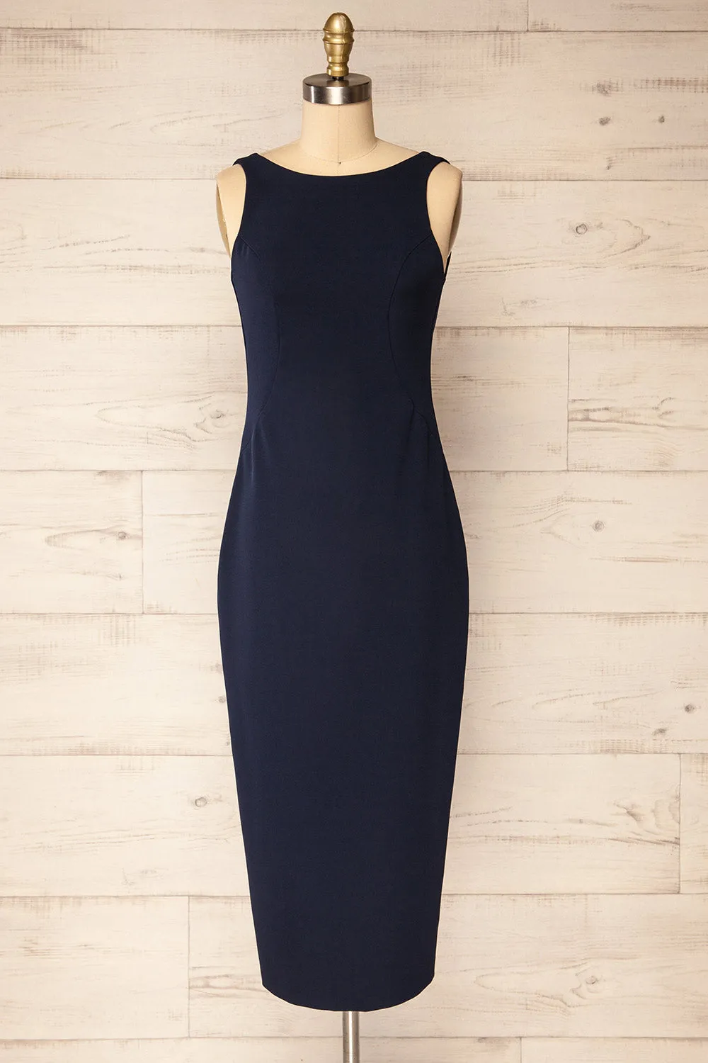 Kovna Navy | Fitted Midi Dress w/ Open Back