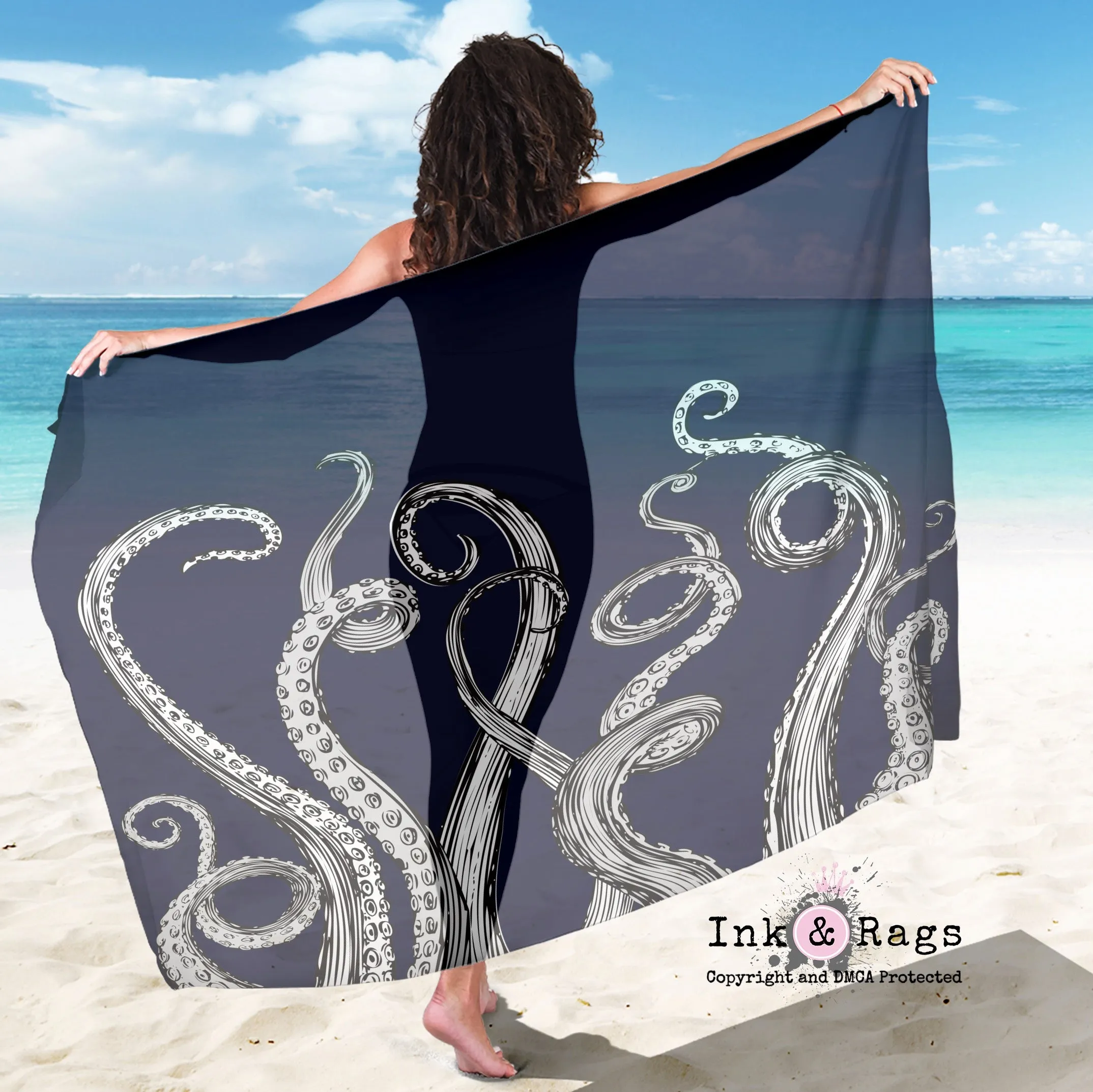 Large Sheer Royal Blue Octopus Tentacle Scarf, Sarong, Shawl