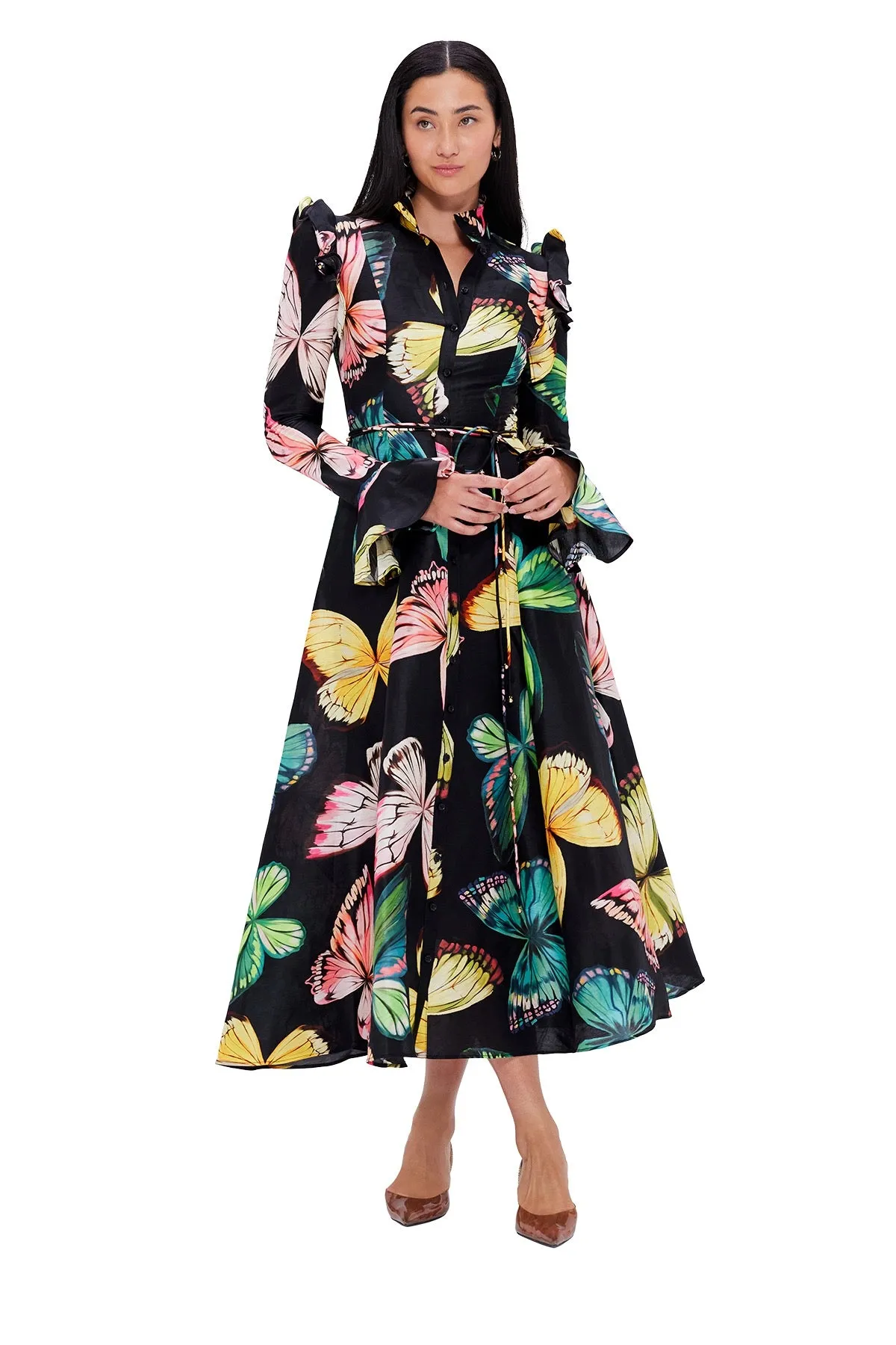 Leo Lin Katrina Butterfly Sleeve Midi Dress - Papillon Print in Black