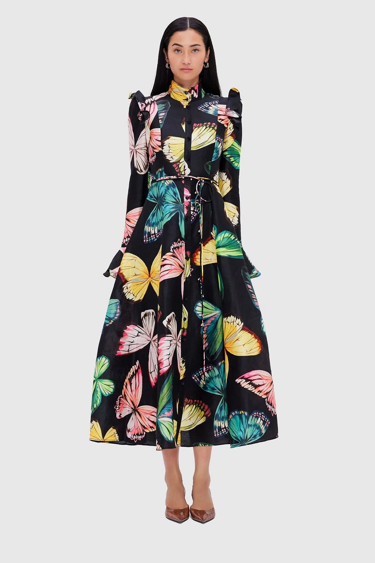 Leo Lin Katrina Butterfly Sleeve Midi Dress - Papillon Print in Black