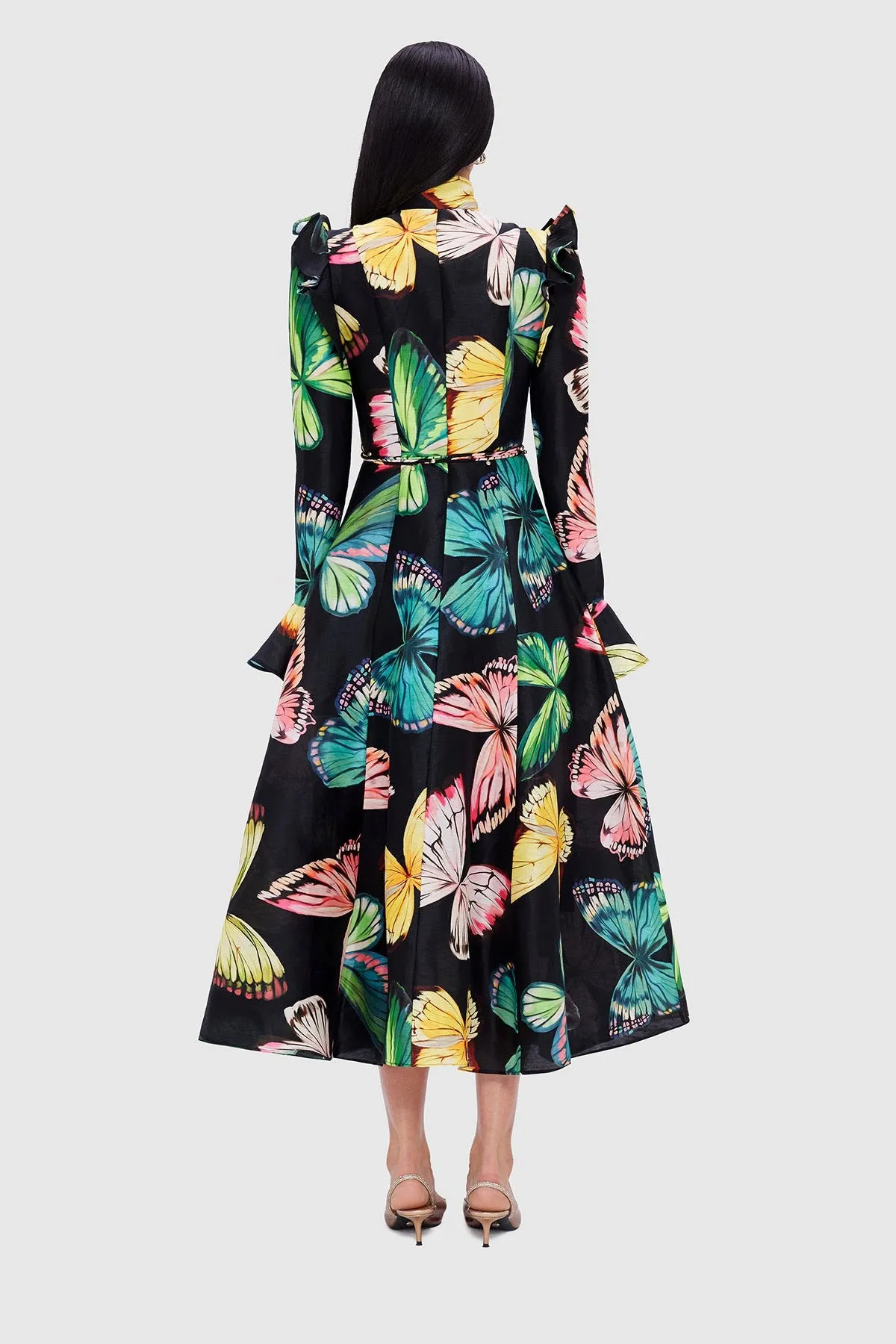 Leo Lin Katrina Butterfly Sleeve Midi Dress - Papillon Print in Black