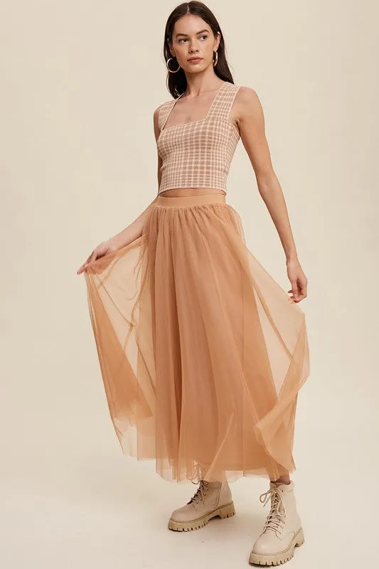 Light Clay Elastic Waist Maxi Tulle Skirt