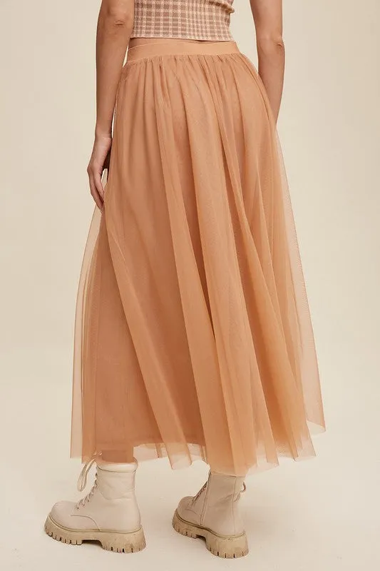 Light Clay Elastic Waist Maxi Tulle Skirt