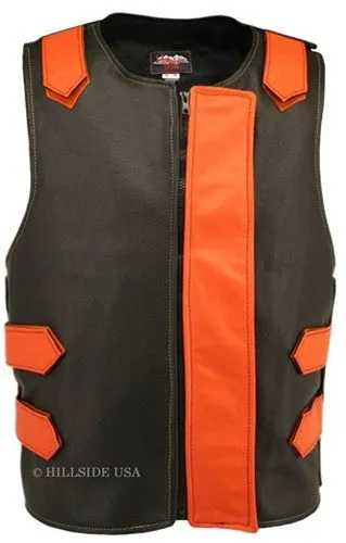 Made in USA Bulletproof Style Leather Motorcycle Vest Orange/Black