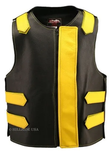 Made in USA Bulletproof Style Leather Motorcycle Vest Orange/Black