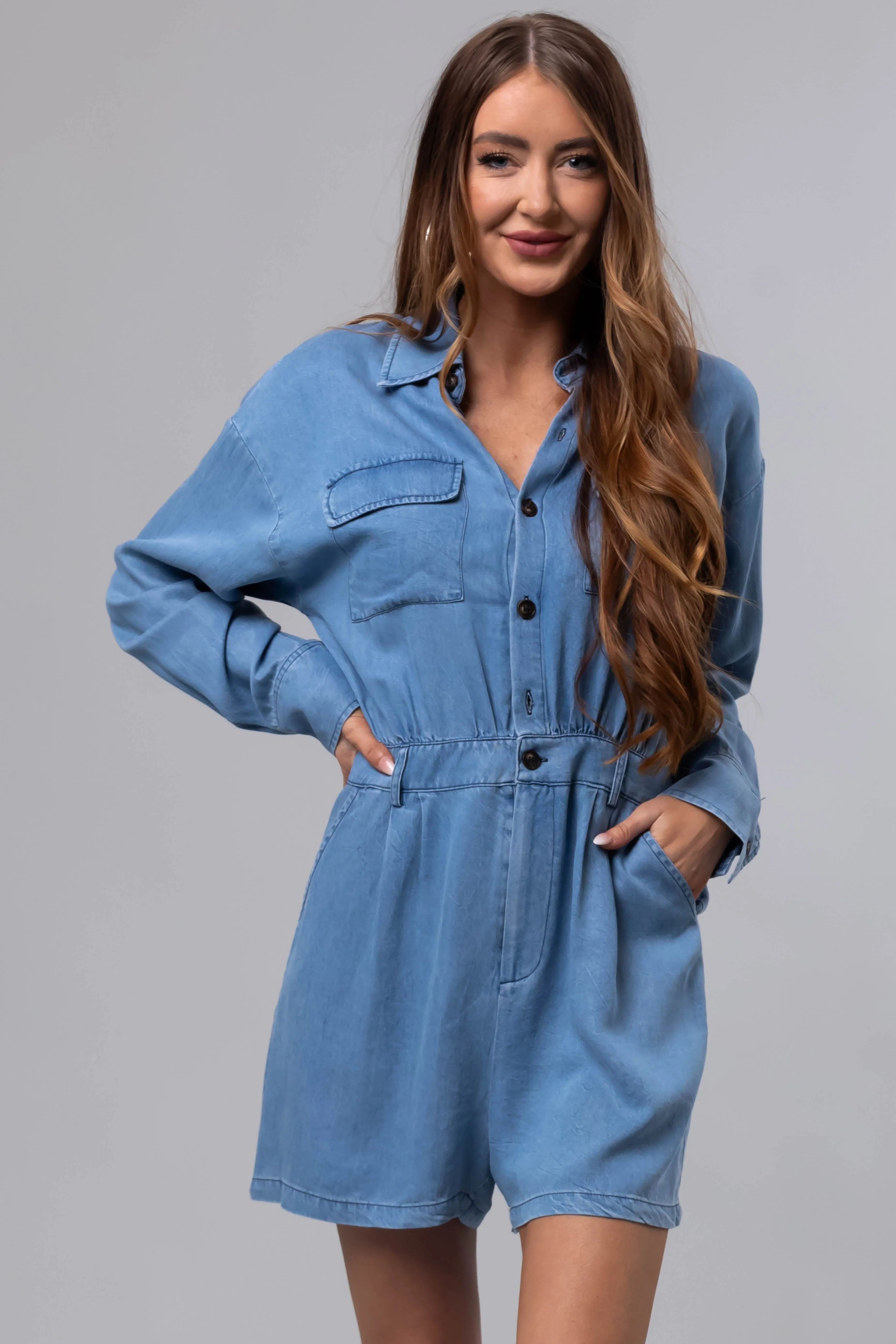 Medium Denim Long Sleeve Button Up Romper