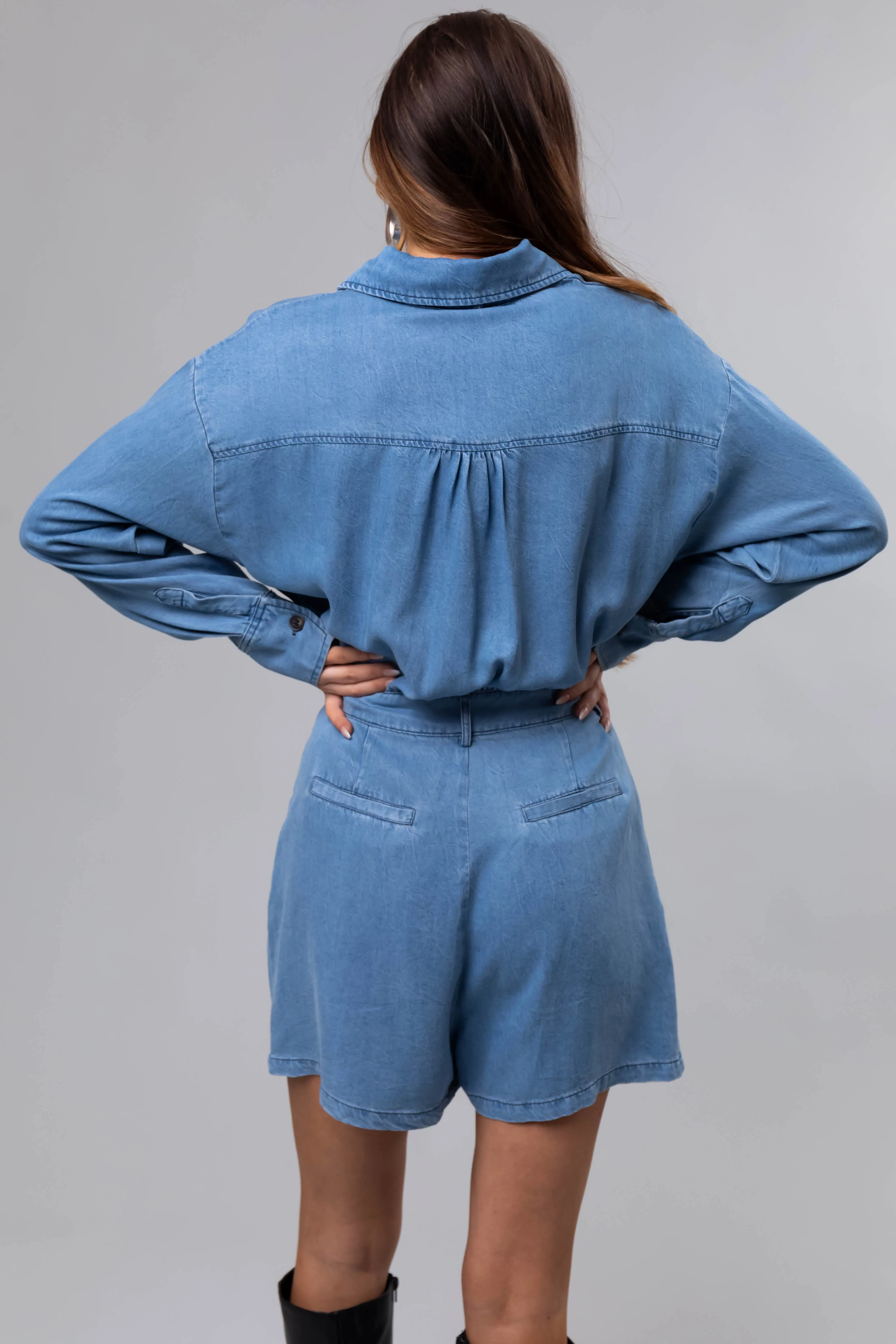 Medium Denim Long Sleeve Button Up Romper