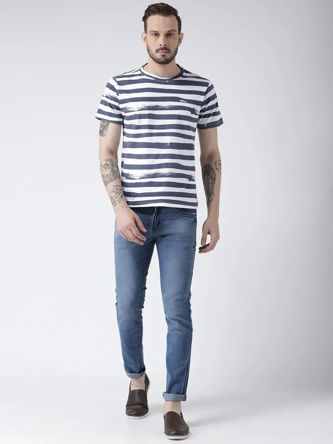 Men White Striped Round Neck T-shirt