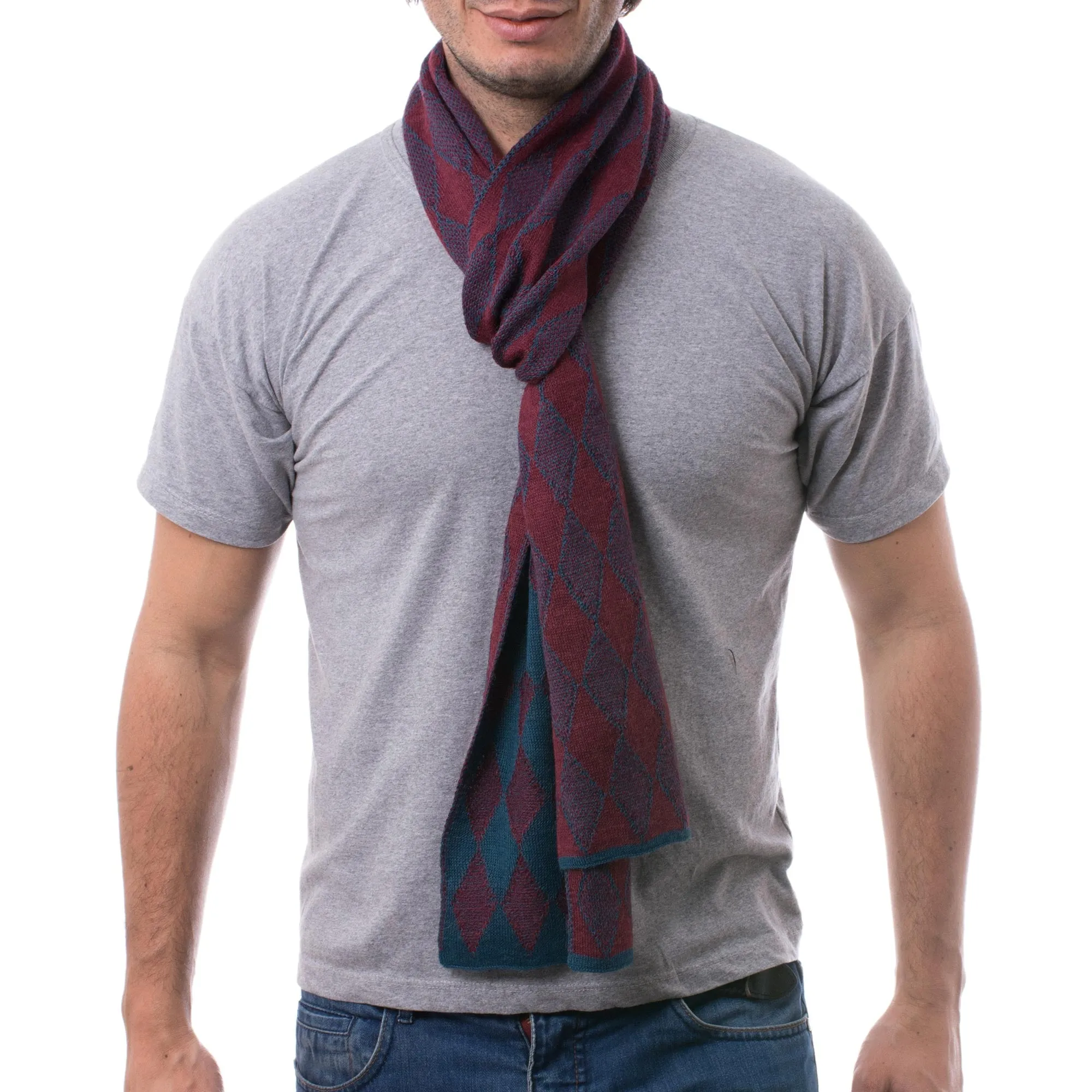 Men's Alpaca Blend Scarf in Teal and Cherry from Peru - Diamond Sophistication | NOVICA