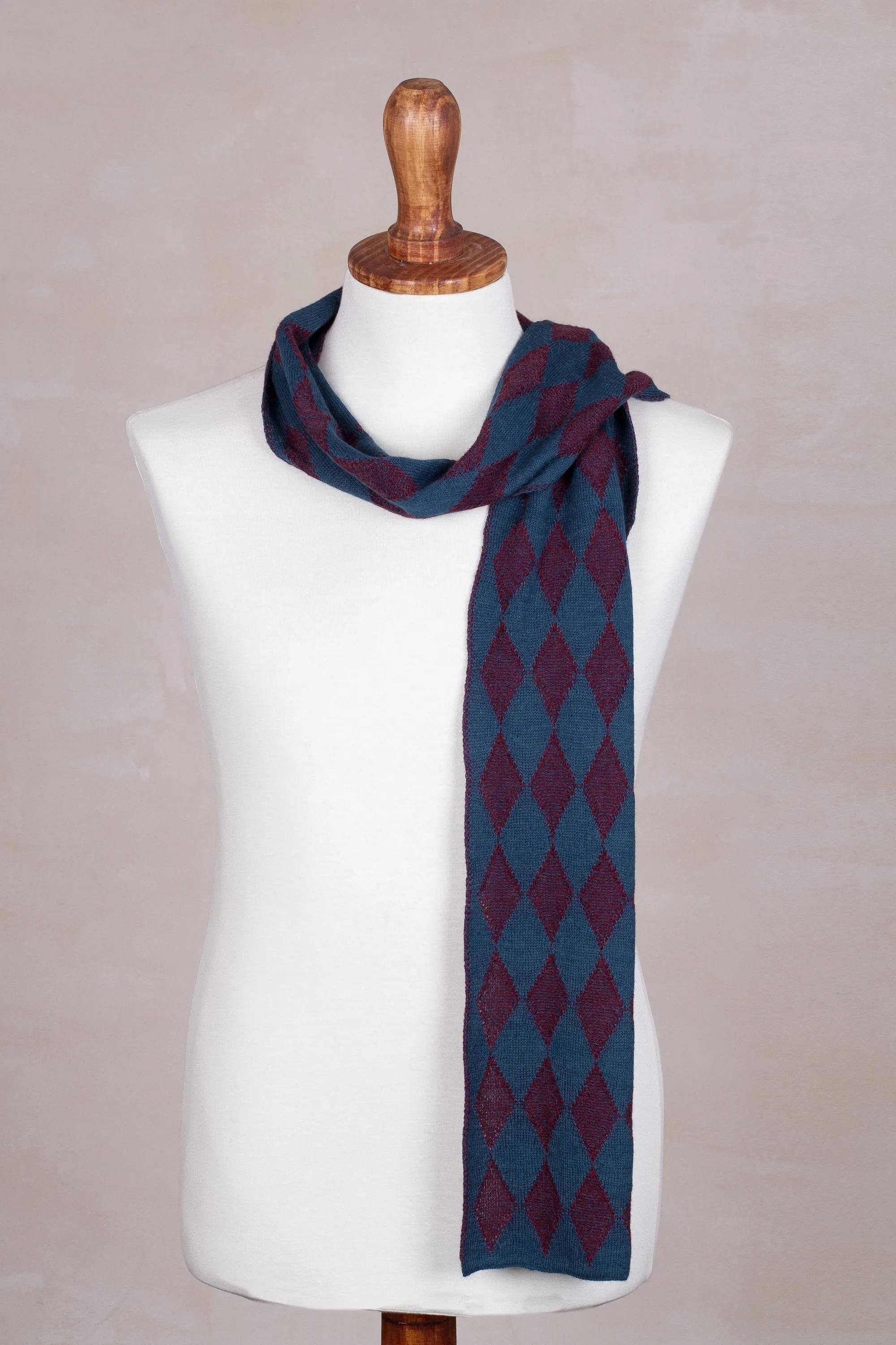 Men's Alpaca Blend Scarf in Teal and Cherry from Peru - Diamond Sophistication | NOVICA