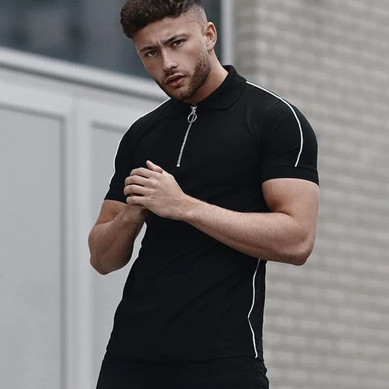 Men's Black Short Sleeve Zip-Up Polo Shirt