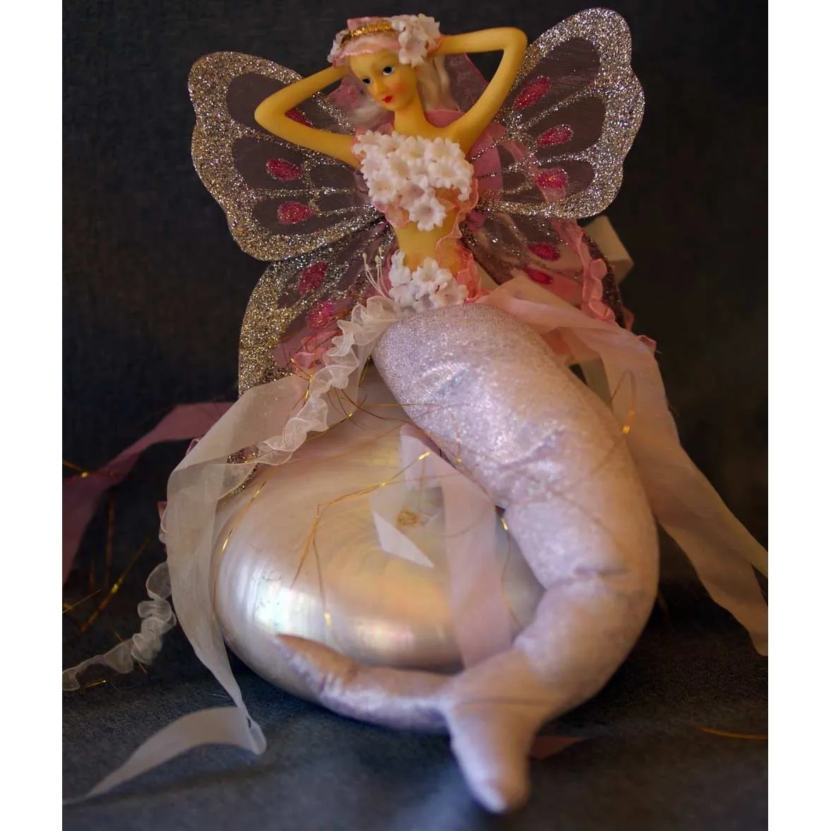 Mermaid Tail Doll with Butterfly Wings. Pink  large