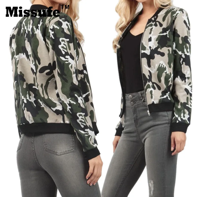 Missufe Women Basic Coats 2016 Casual Slim Zippers Print Bomber Jacket Street Fashion Outfit Female Autumn Winter Jackets