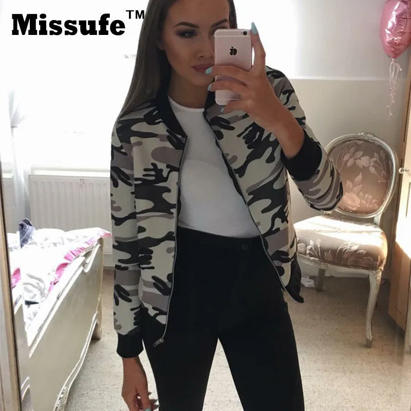 Missufe Women Basic Coats 2016 Casual Slim Zippers Print Bomber Jacket Street Fashion Outfit Female Autumn Winter Jackets