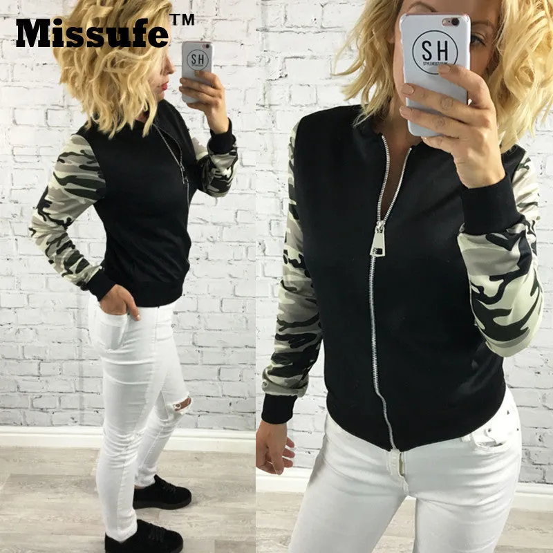 Missufe Women Basic Coats 2016 Casual Slim Zippers Print Bomber Jacket Street Fashion Outfit Female Autumn Winter Jackets