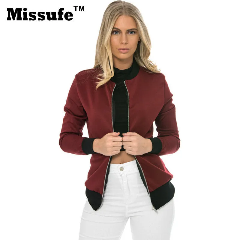 Missufe Women Basic Coats 2016 Casual Slim Zippers Print Bomber Jacket Street Fashion Outfit Female Autumn Winter Jackets