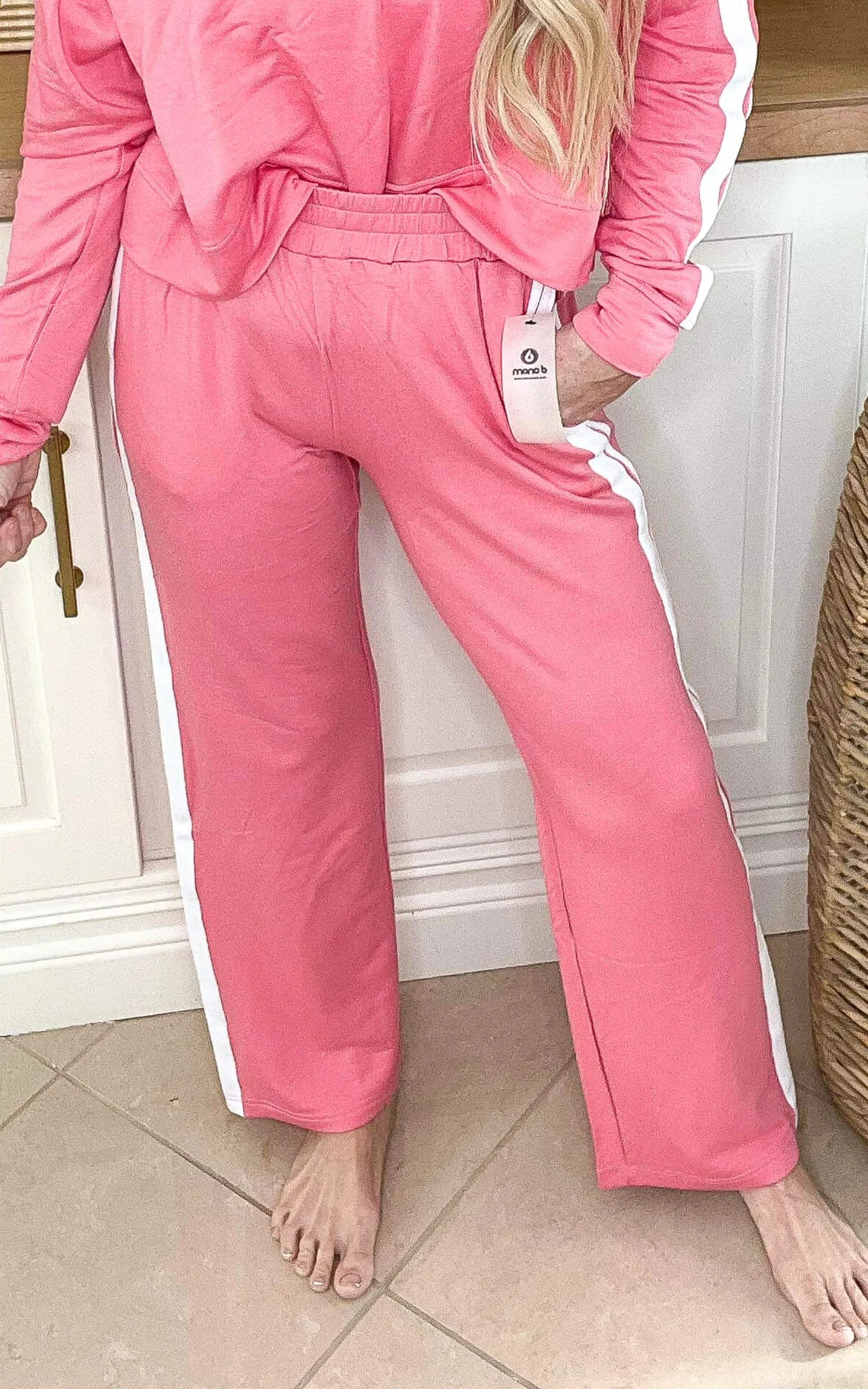 MONO B Bubblegum Side Stripe Wide Leg Lounge Pant - Final Sale