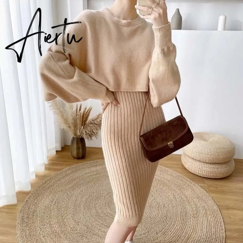 New Fall/Winter Bat Sleeve O-Neck Soft Sweater    Women&#39;s Knitted Vest Long Dress Two-Piece Dress Sets Femme