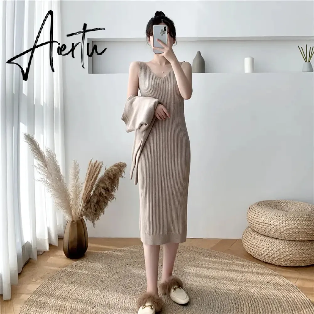 New Fall/Winter Bat Sleeve O-Neck Soft Sweater    Women's Knitted Vest Long Dress Two-Piece Dress Sets