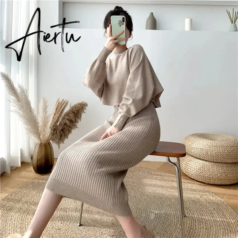 New Fall/Winter Bat Sleeve O-Neck Soft Sweater    Women's Knitted Vest Long Dress Two-Piece Dress Sets