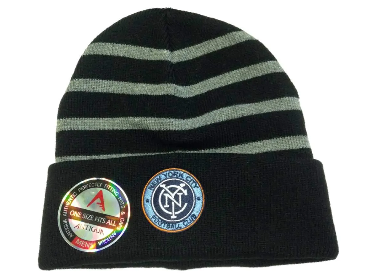 New York City FC Antigua MLS Black and Gray Striped Crisp Beanie Hat Cap