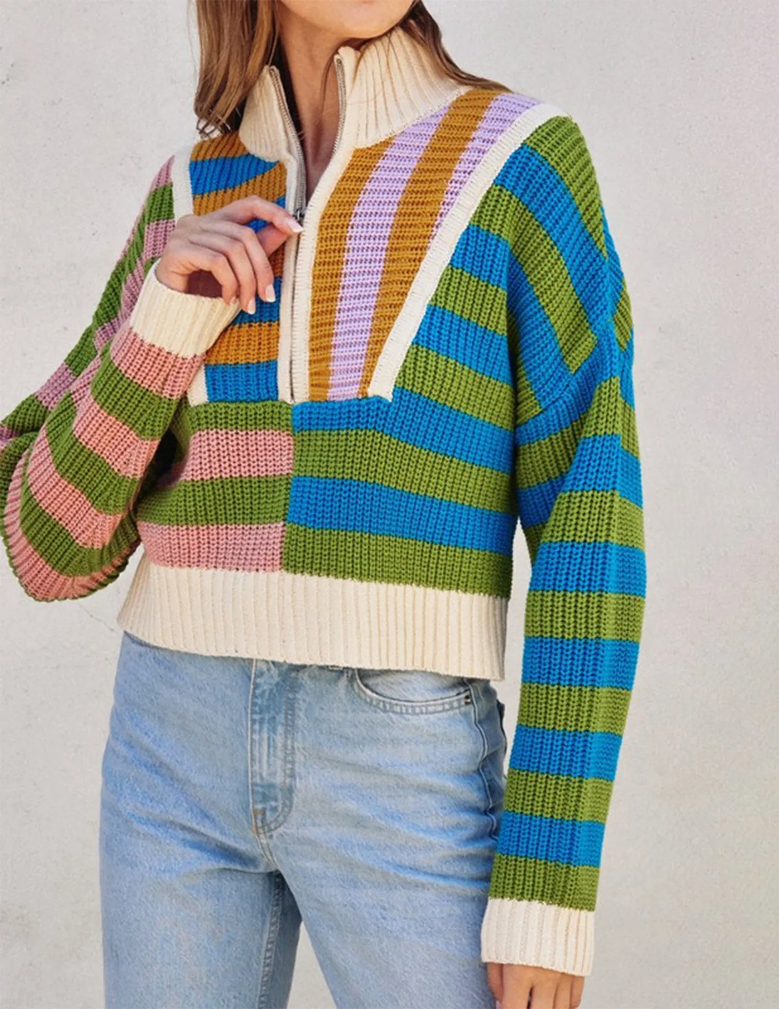 Noa Half Zip Rainbow Stripe Sweater