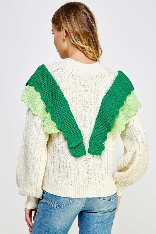 Off-White/Emerald/Air Contrast Ruffled Accent Cable Knit Sweater