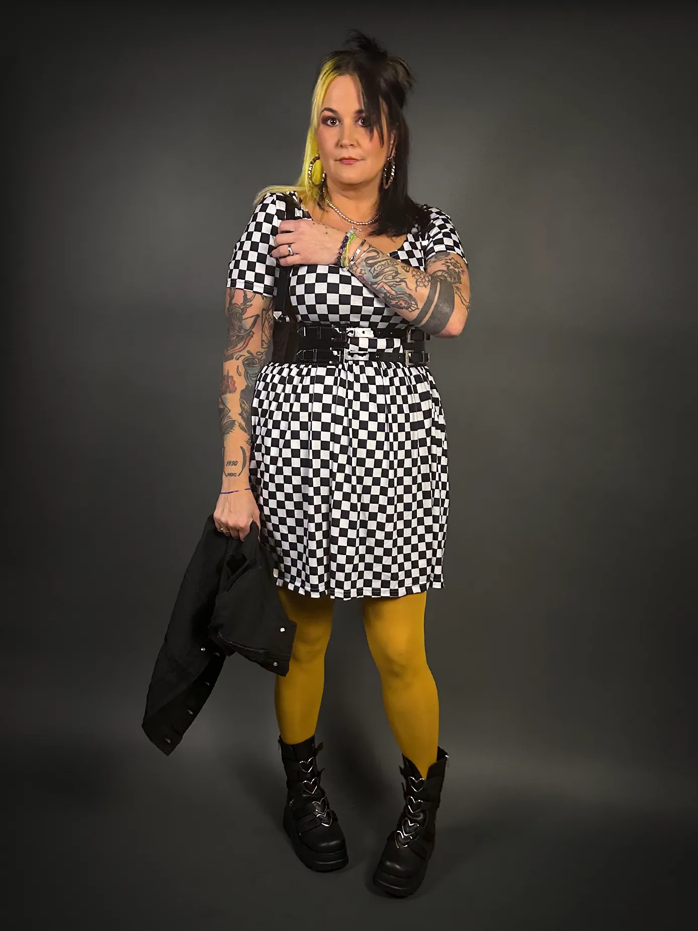 Outfit Set - Tommyrot Checkered Short Sleeve Skater Dress & Patent PU Leather Harness Belt