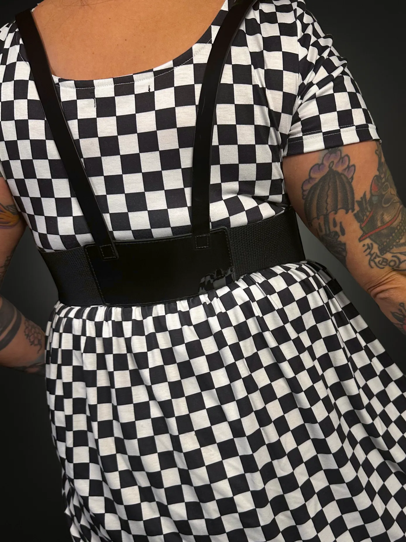 Outfit Set - Tommyrot Checkered Short Sleeve Skater Dress & Patent PU Leather Harness Belt