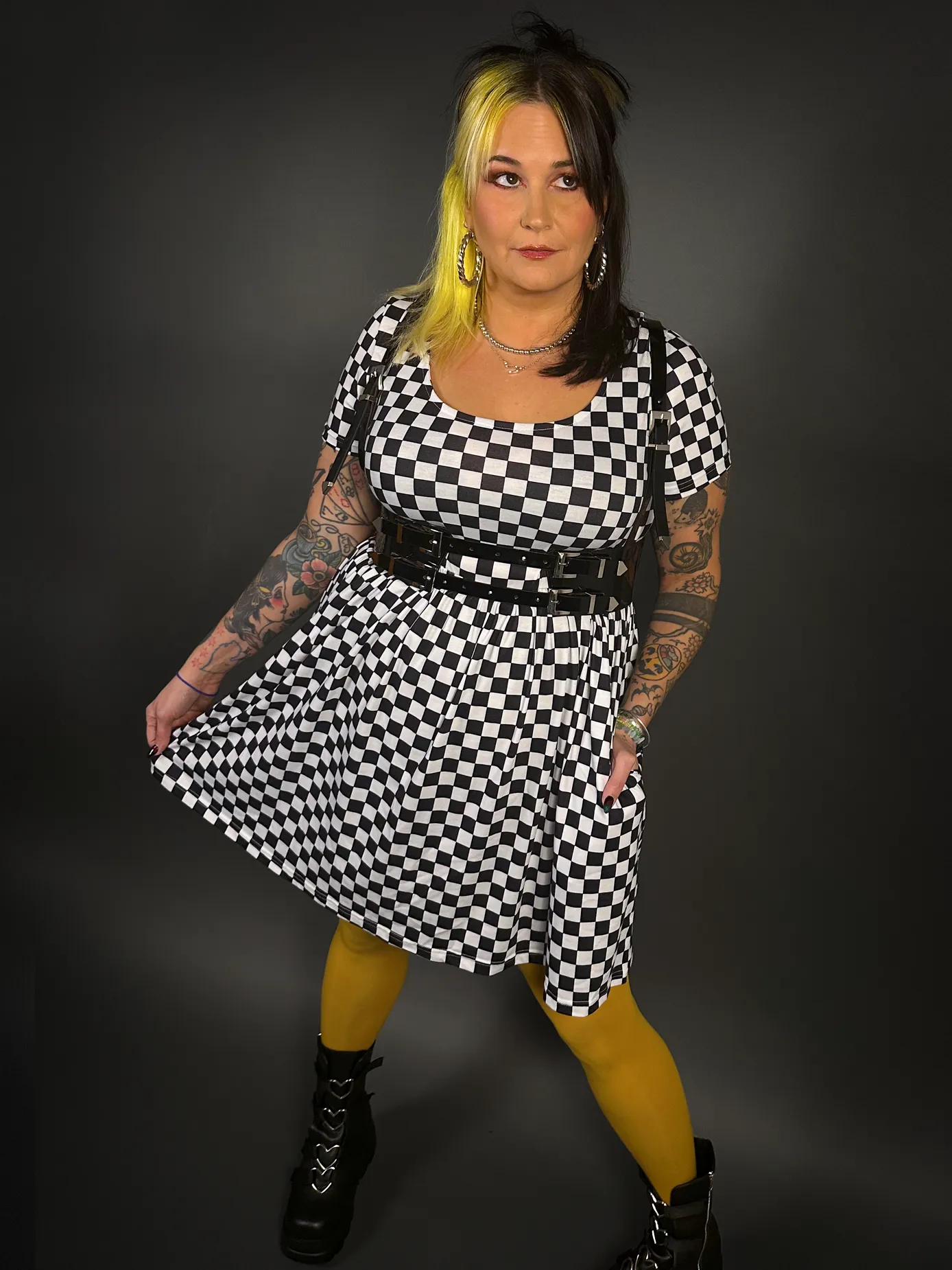 Outfit Set - Tommyrot Checkered Short Sleeve Skater Dress & Patent PU Leather Harness Belt