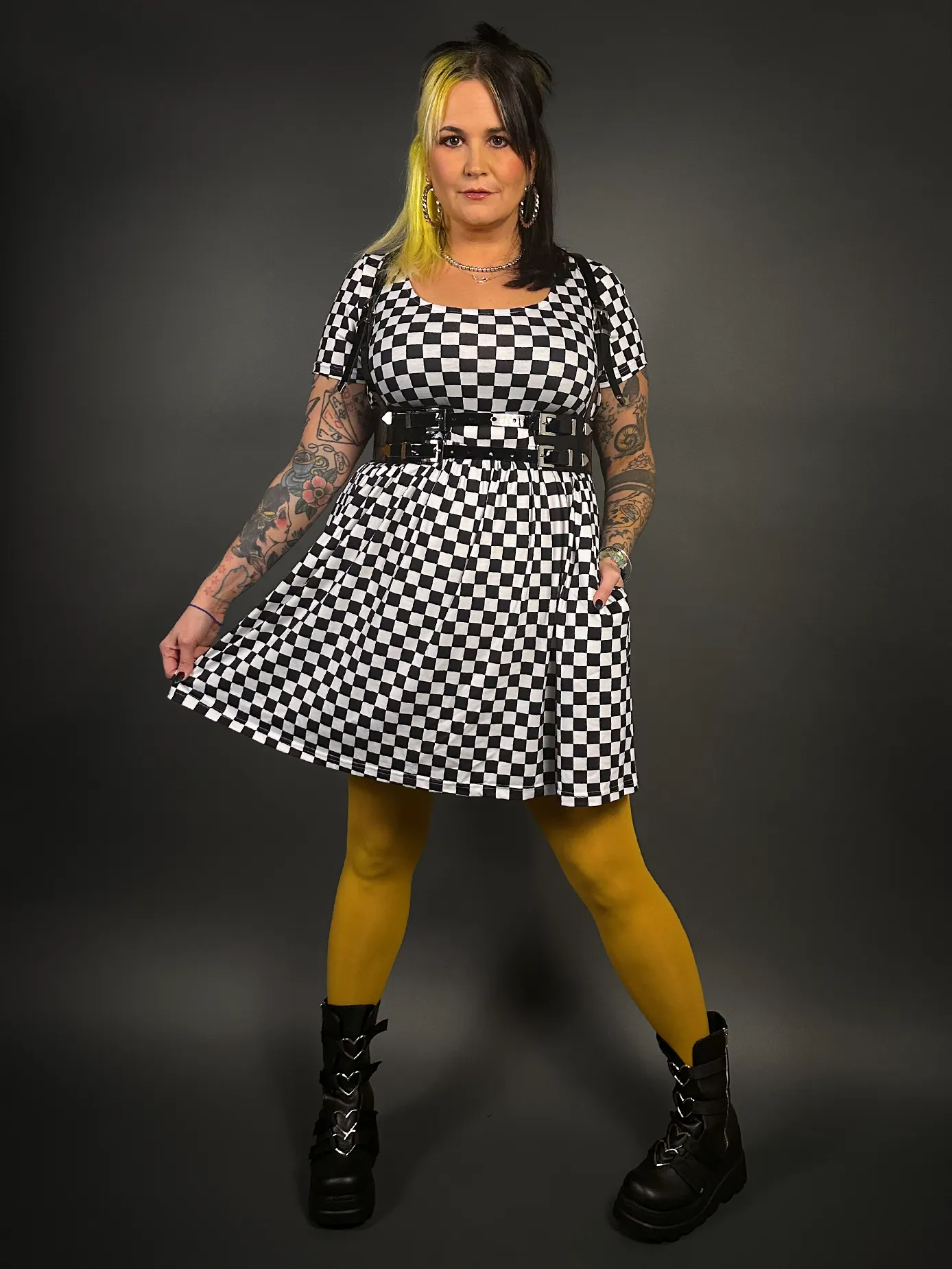 Outfit Set - Tommyrot Checkered Short Sleeve Skater Dress & Patent PU Leather Harness Belt