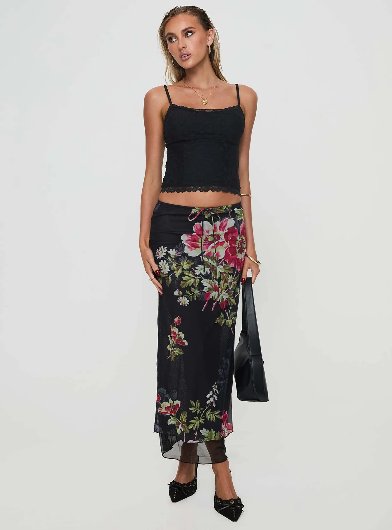 Paganio Maxi Skirt Black Floral