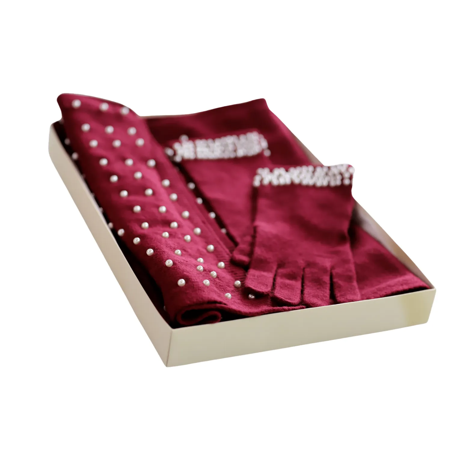 Pearl Glove and Scarf Gift Box Set - Black & Burgundy