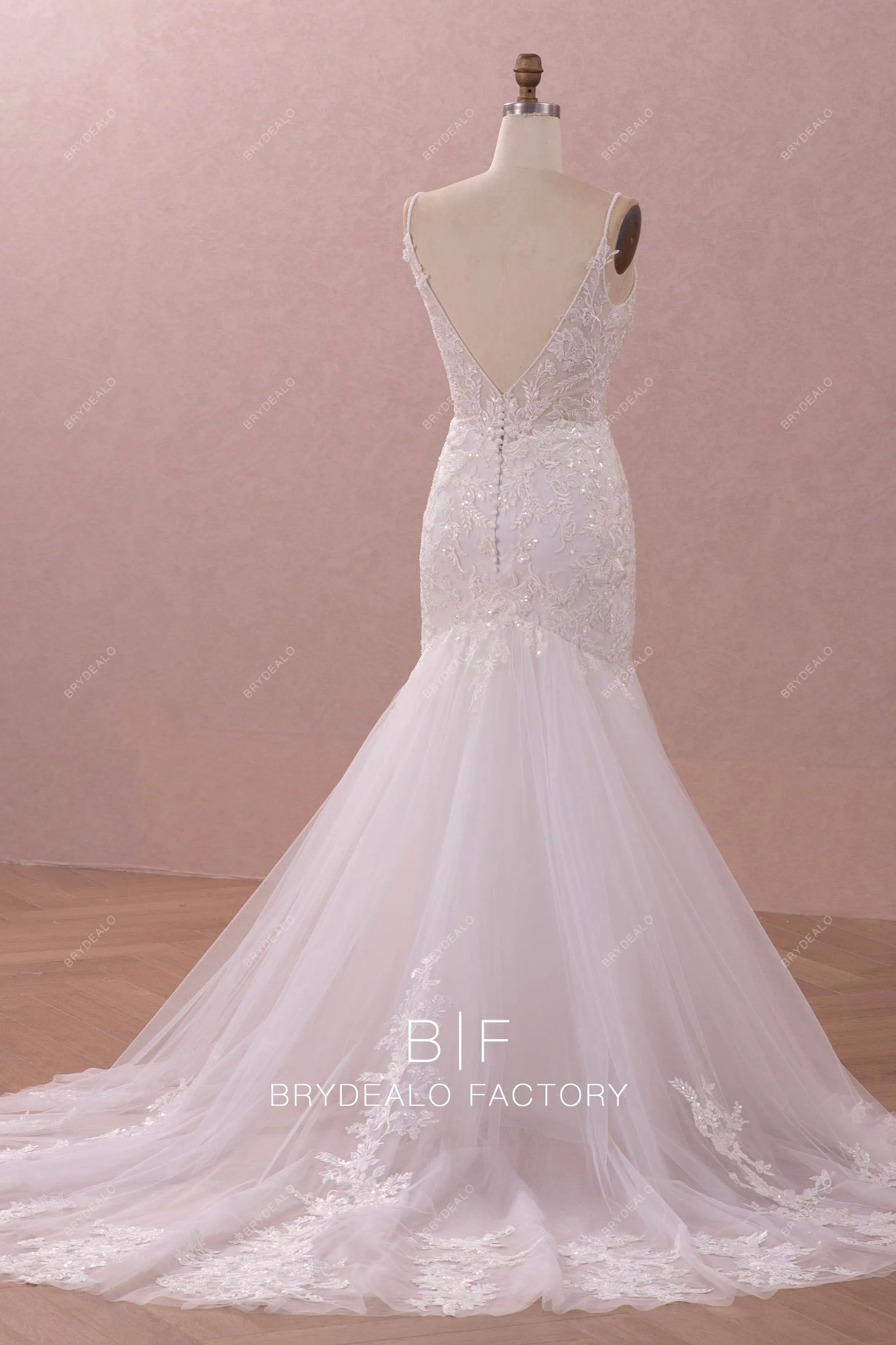 Plunging Neck Thin Straps Sparkly Lace Trumpet Wedding Dress