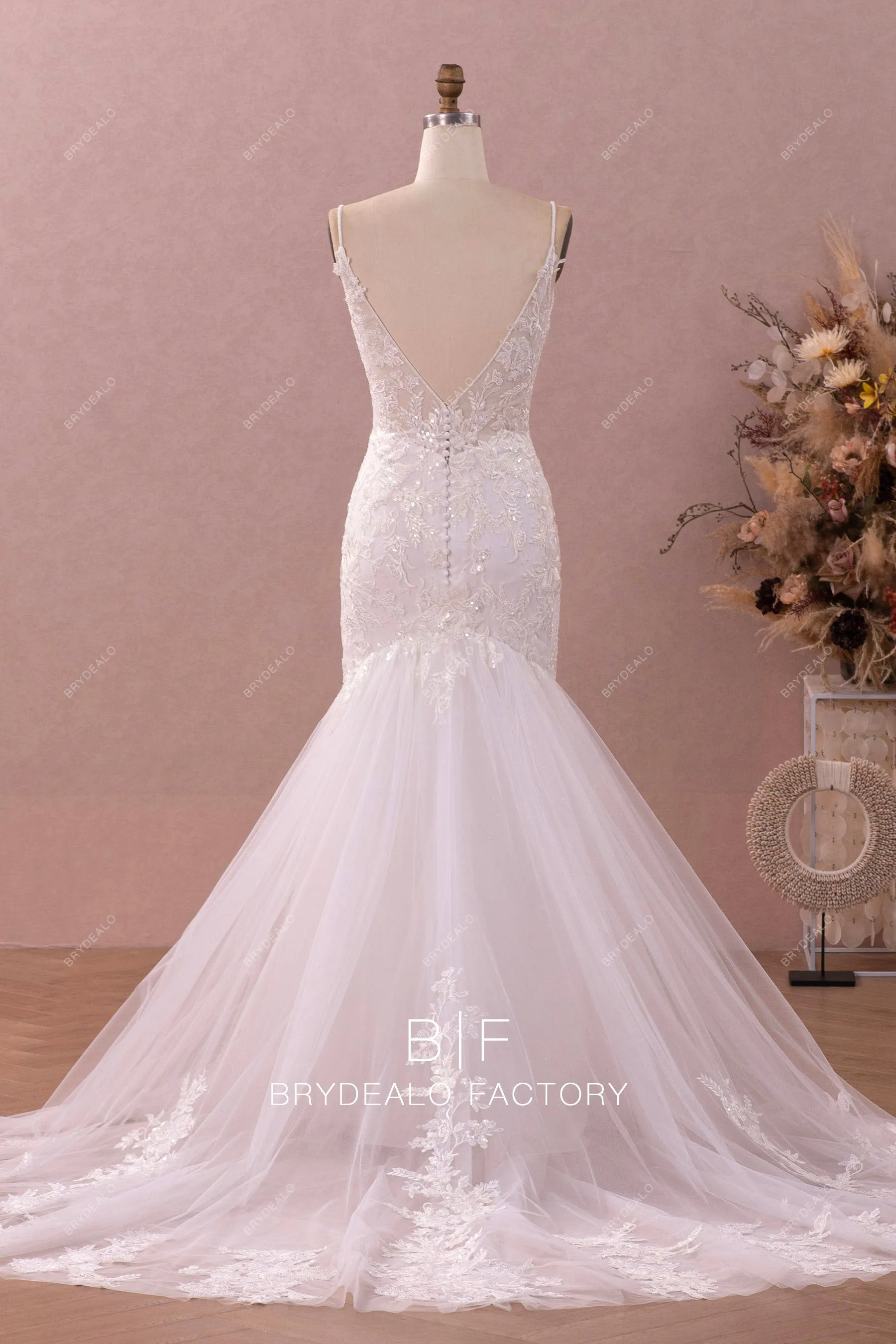 Plunging Neck Thin Straps Sparkly Lace Trumpet Wedding Dress