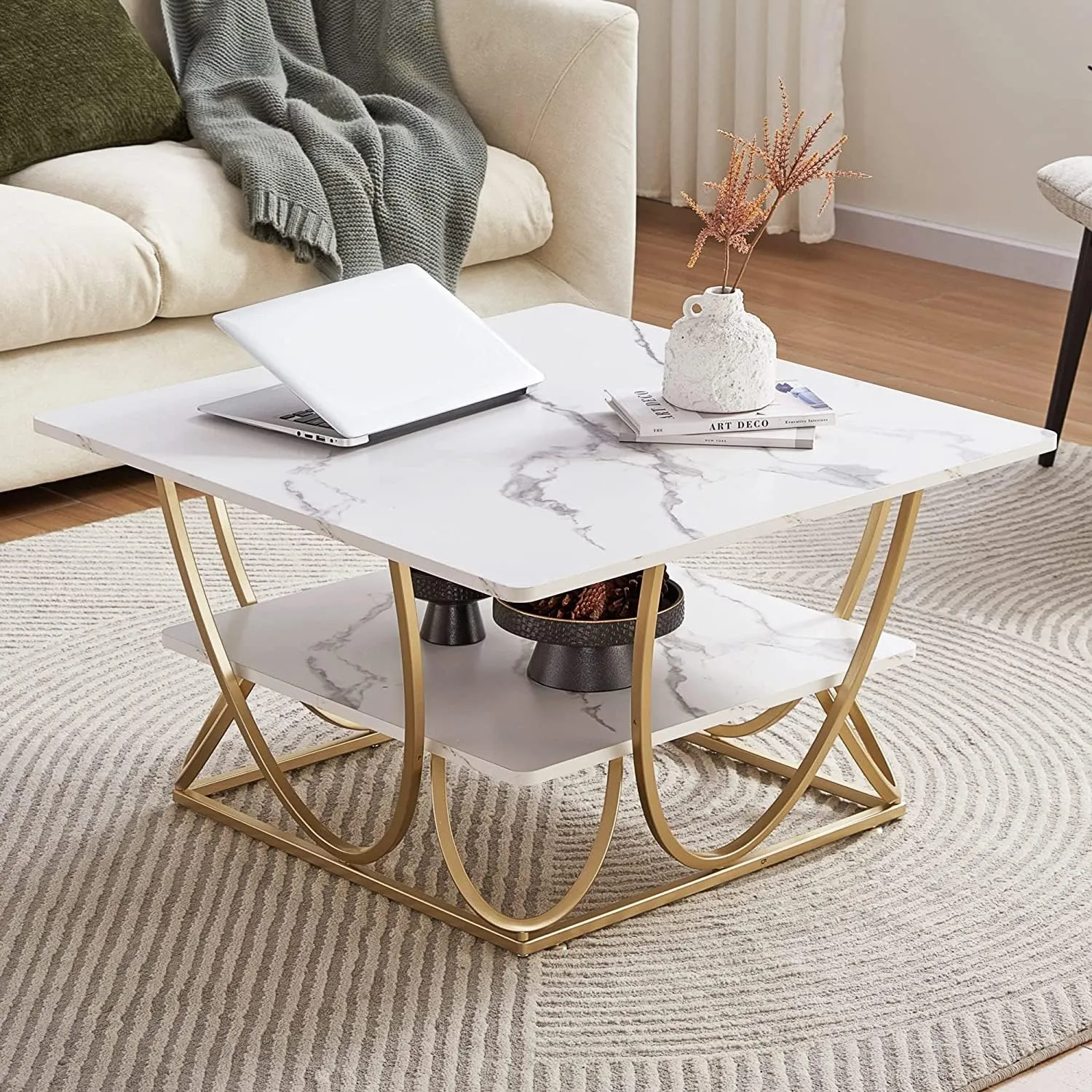 Priti Square Coffee Table, 31.5 Inch Modern Coffee Table for Living Room, White and Gold Coffee Table with Storage, Wooden Tabletop-Marble White with Gold Frame