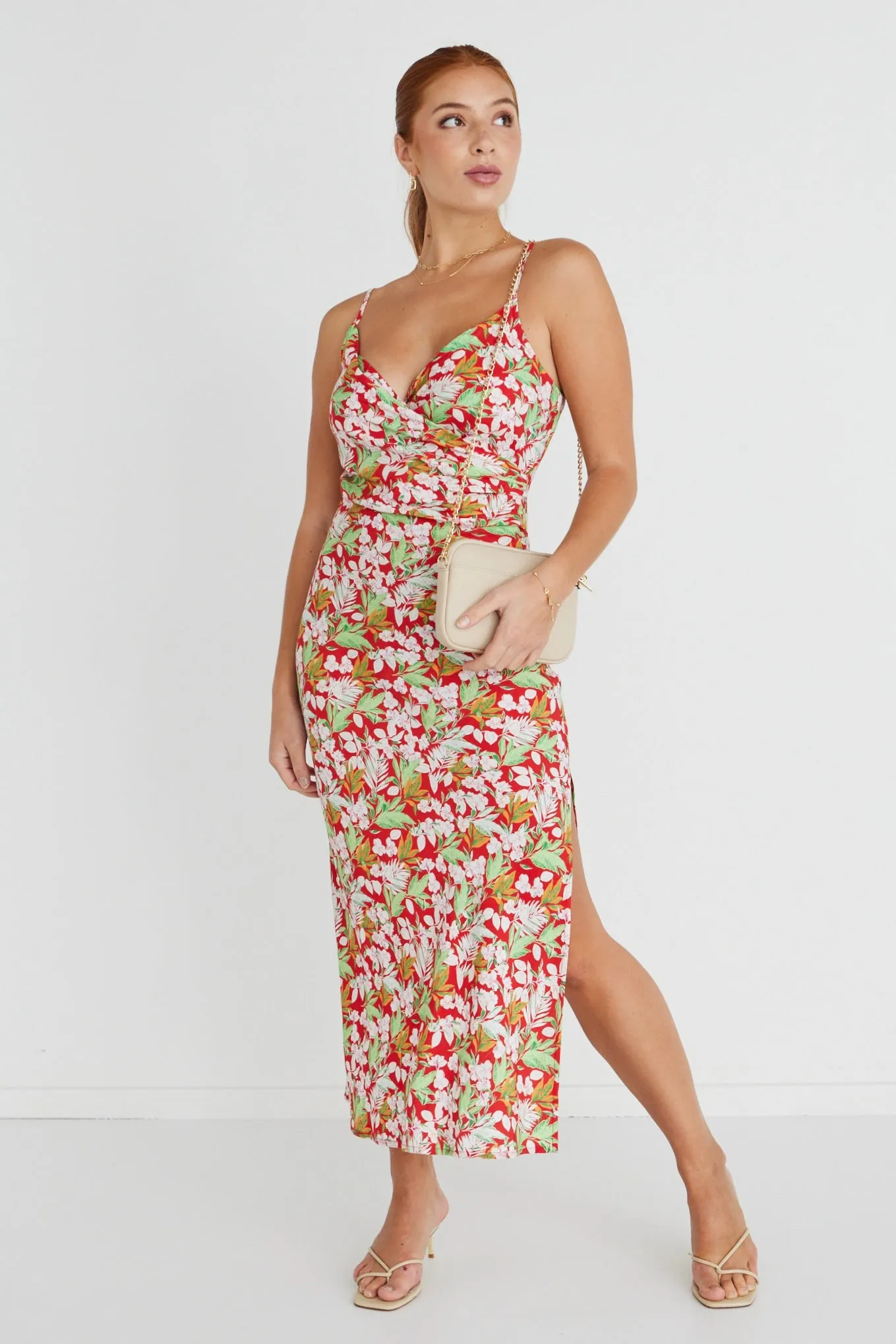 Rapture Red Tropical Strappy Mock Wrap Midi Dress