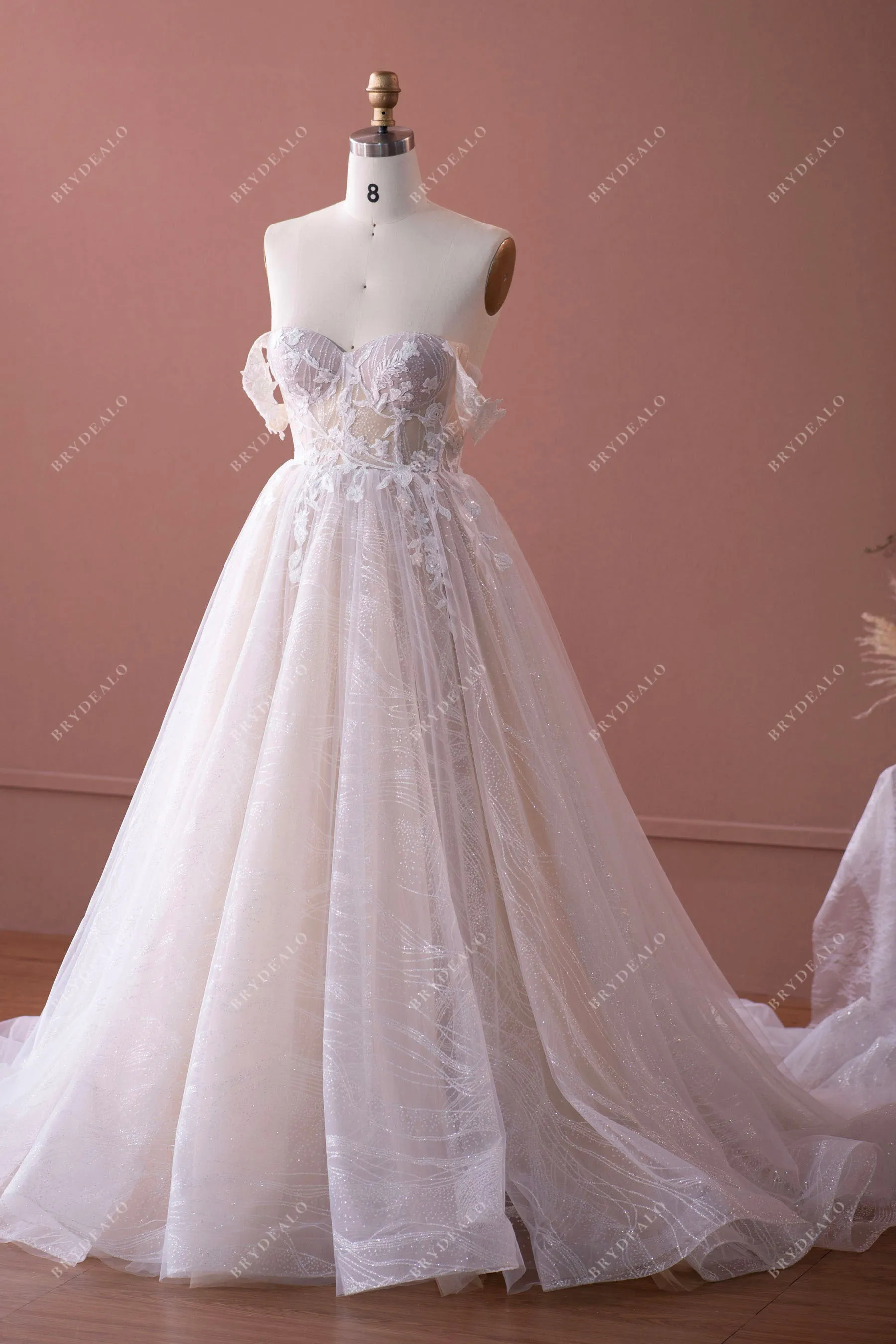 Romantic Lace Champagne Off-shoulder Ball Gown Bridal Dress