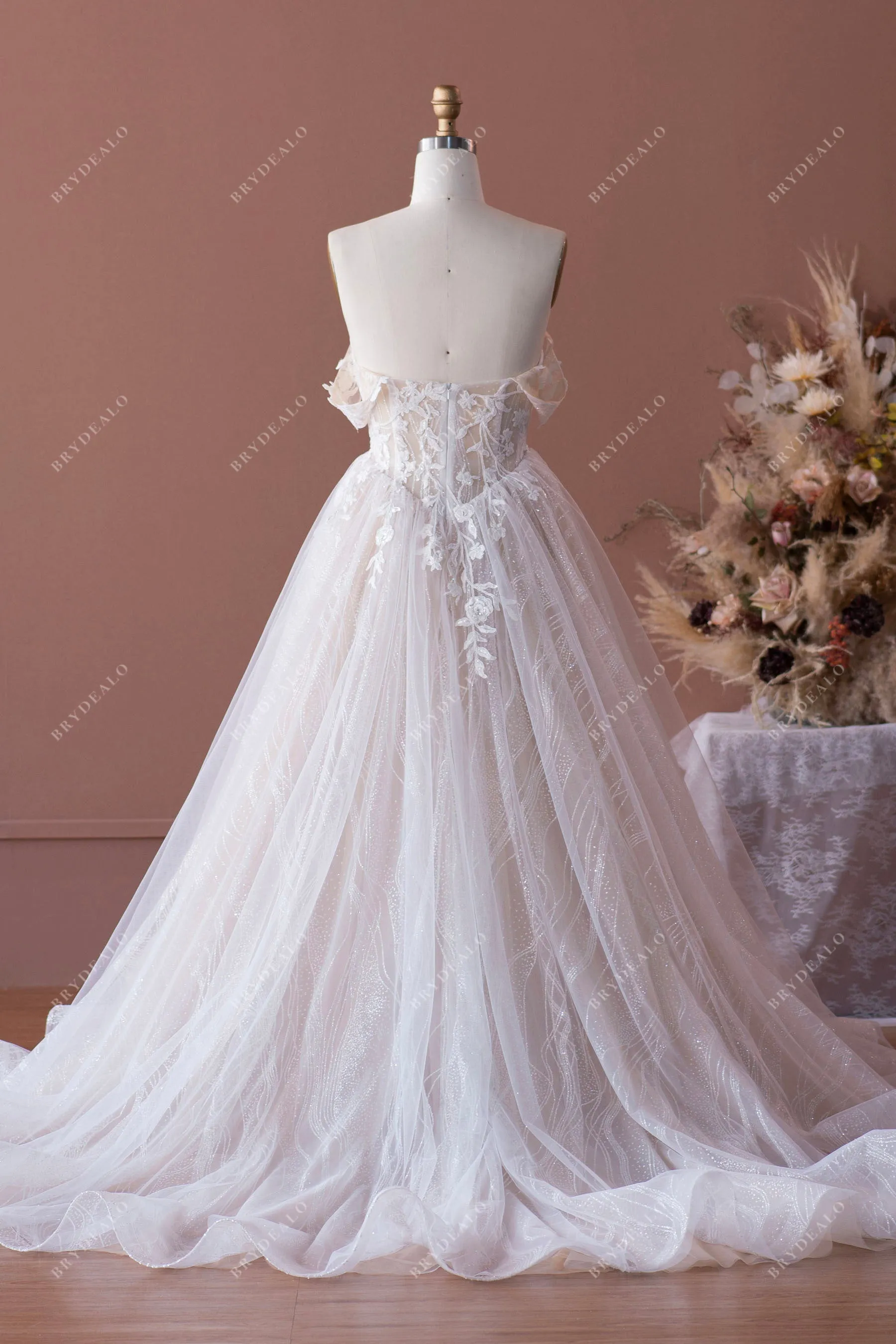 Romantic Lace Champagne Off-shoulder Ball Gown Bridal Dress