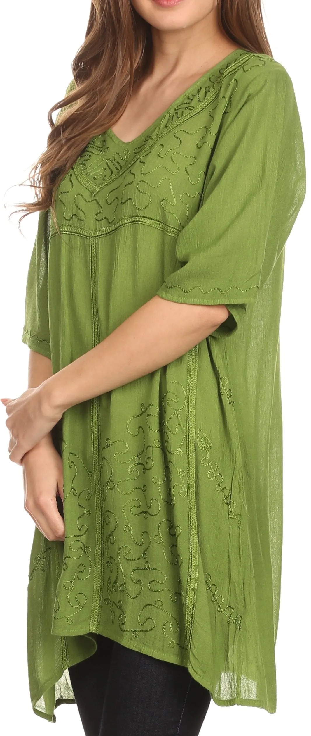 Sakkas Gaya Long Tall Embroidered V-Neck Blouse Top With Mid Length Sleeves