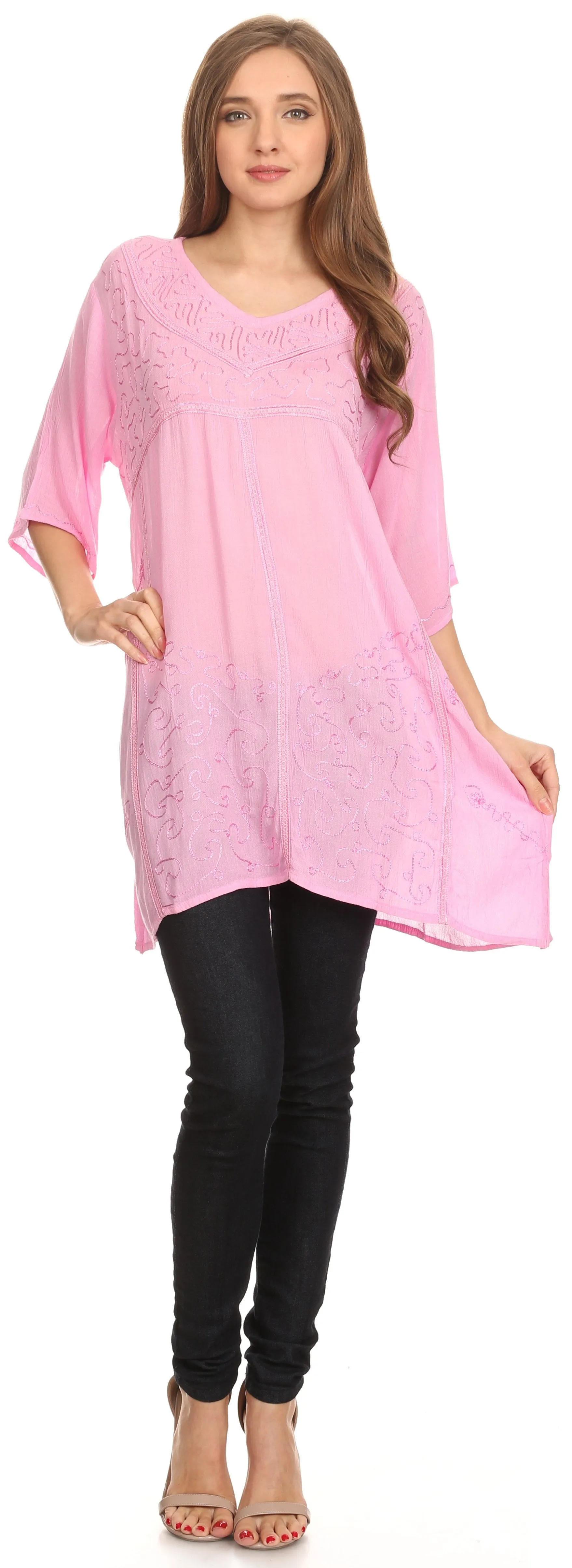 Sakkas Gaya Long Tall Embroidered V-Neck Blouse Top With Mid Length Sleeves