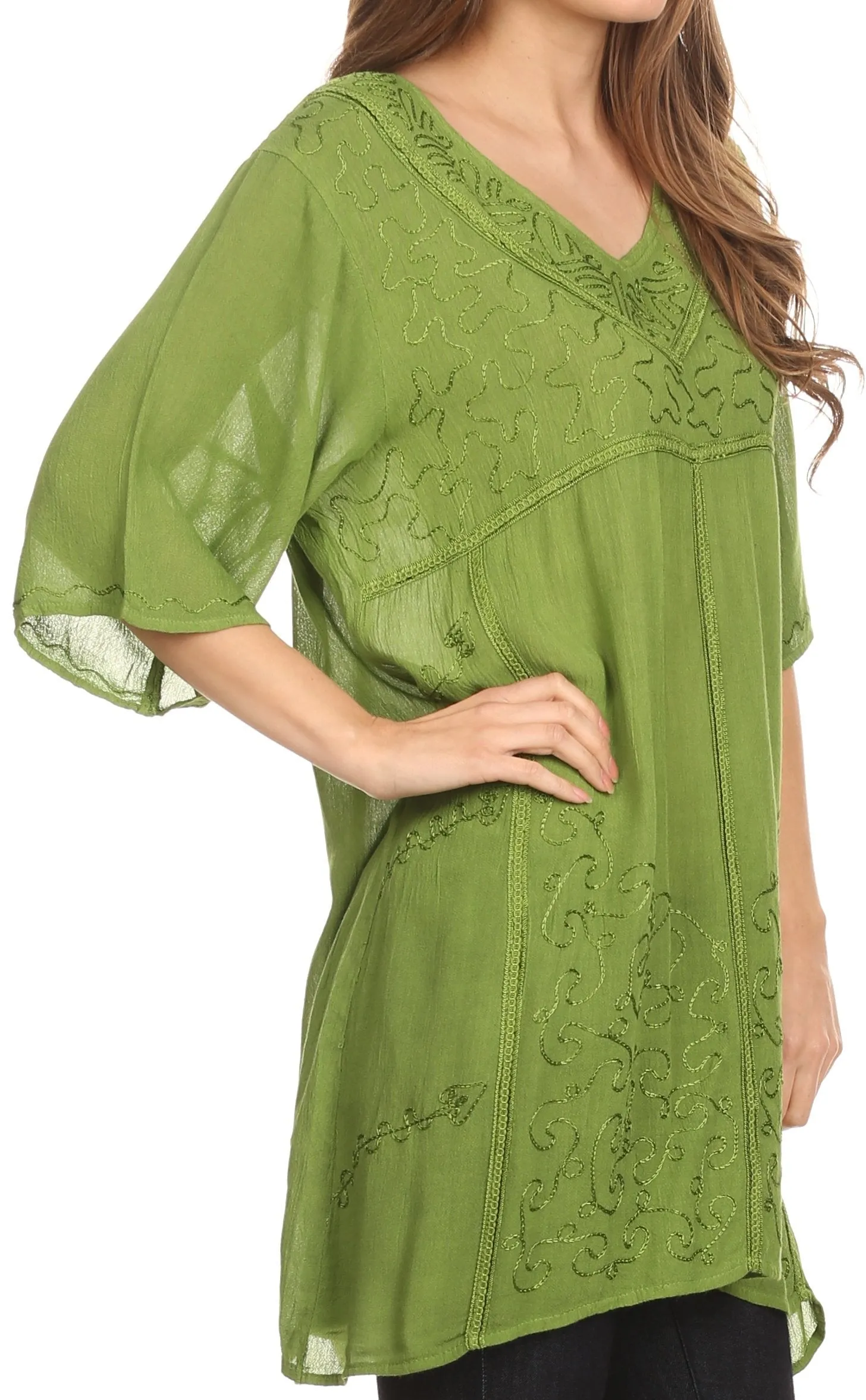 Sakkas Gaya Long Tall Embroidered V-Neck Blouse Top With Mid Length Sleeves