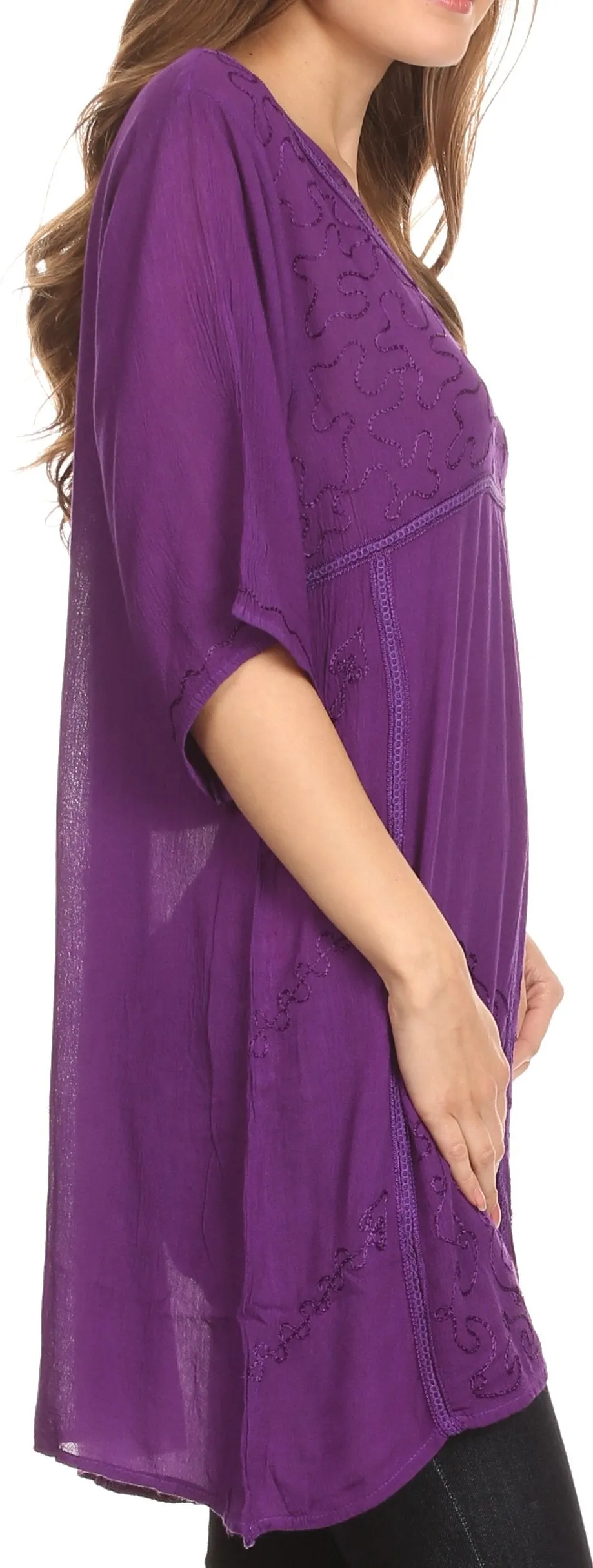 Sakkas Gaya Long Tall Embroidered V-Neck Blouse Top With Mid Length Sleeves