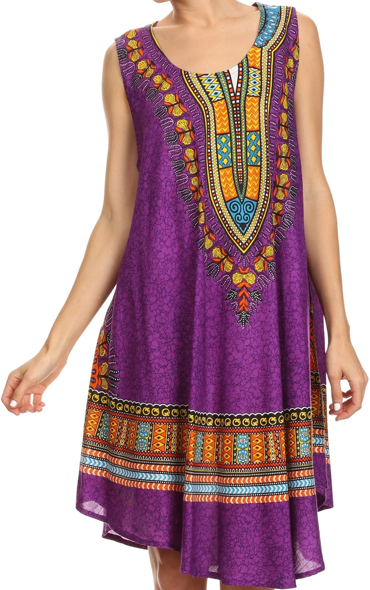 Sakkas Spal Mid Length Scoop Neck Tank Top Printed Batik Caftan Dress / Cover Up