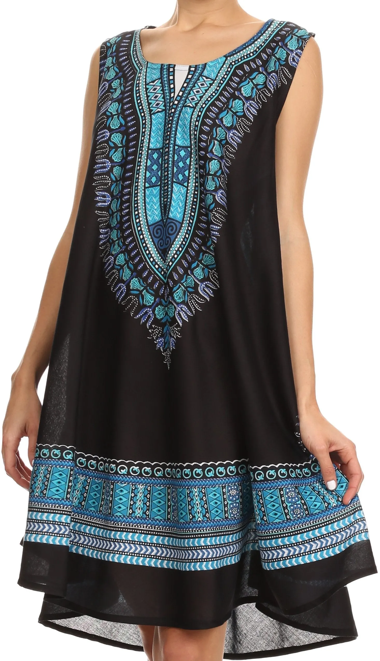 Sakkas Spal Mid Length Scoop Neck Tank Top Printed Batik Caftan Dress / Cover Up