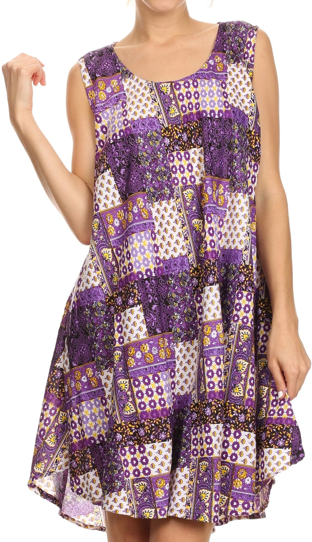 Sakkas Spal Mid Length Scoop Neck Tank Top Printed Batik Caftan Dress / Cover Up