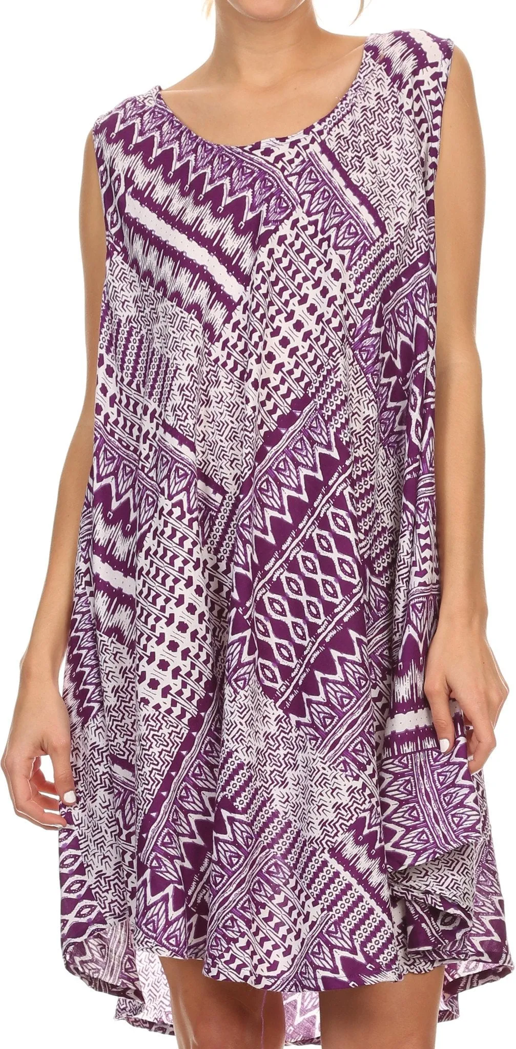 Sakkas Spal Mid Length Scoop Neck Tank Top Printed Batik Caftan Dress / Cover Up