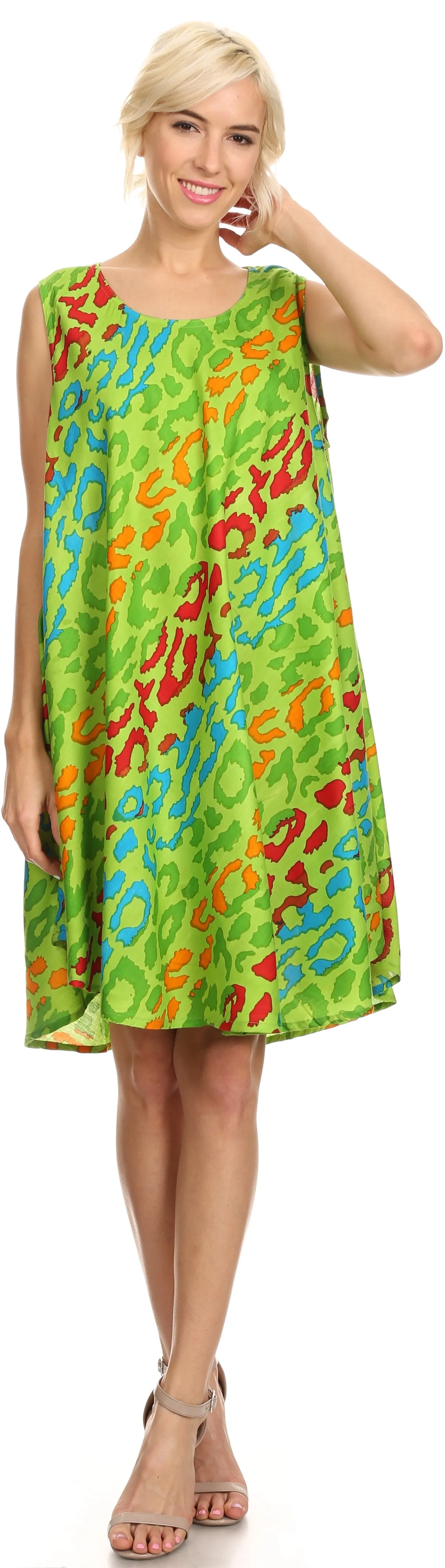 Sakkas Spal Mid Length Scoop Neck Tank Top Printed Batik Caftan Dress / Cover Up