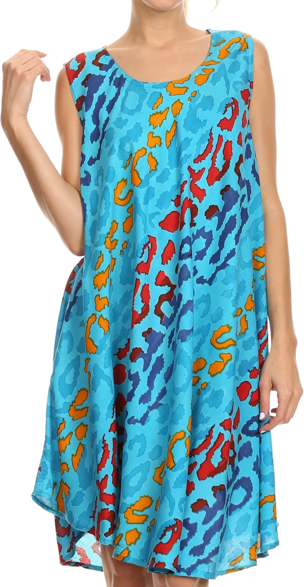 Sakkas Spal Mid Length Scoop Neck Tank Top Printed Batik Caftan Dress / Cover Up