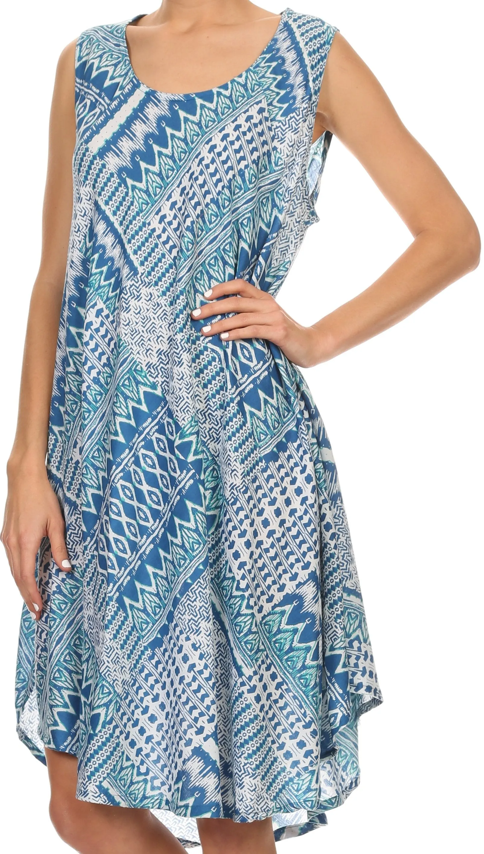 Sakkas Spal Mid Length Scoop Neck Tank Top Printed Batik Caftan Dress / Cover Up